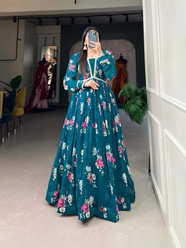 Azorte Fashion Floral Print Georgette Gown | Lace Border | Ready-to-Wear Elegance - M