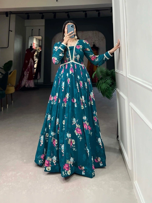 Azorte Fashion Floral Print Georgette Gown | Lace Border | Ready-to-Wear Elegance - M