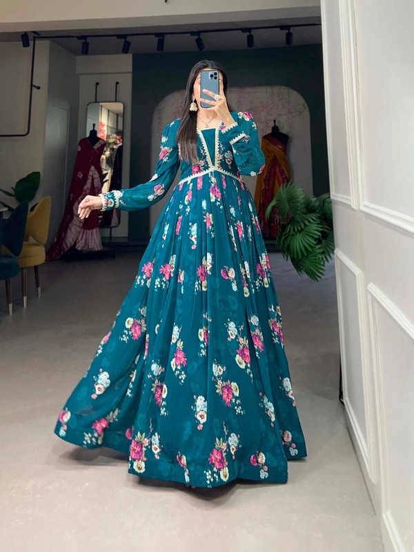 Azorte Fashion Floral Print Georgette Gown | Lace Border | Ready-to-Wear Elegance - M
