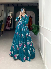 Azorte Fashion Floral Print Georgette Gown | Lace Border | Ready-to-Wear Elegance - M