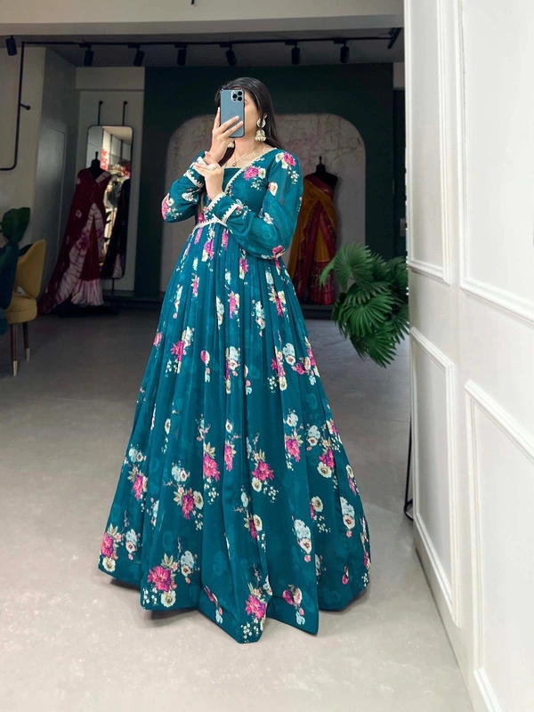 Azorte Fashion Floral Print Georgette Gown | Lace Border | Ready-to-Wear Elegance - M