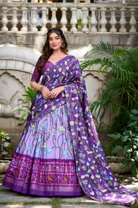 Azorte Fashion Ishanya Tussar Silk Lehenga | Pichwai & Patola Print | Wedding & Festive Wear - Lavender, Stitched, Unstitched Blouse