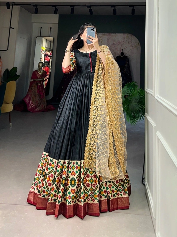 Azorte Fashion Dola Silk Printed Gown with Embroidered Net Dupatta | Ready to Wear - 38" (M) (Supports up to 40" with extra margin)