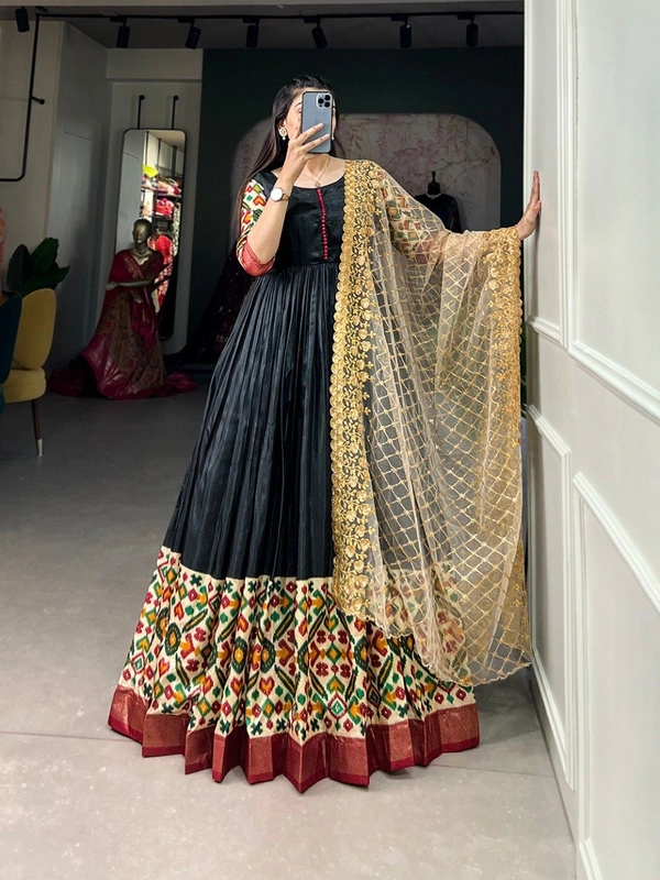 Azorte Fashion Dola Silk Printed Gown with Embroidered Net Dupatta | Ready to Wear - 38" (M) (Supports up to 40" with extra margin)