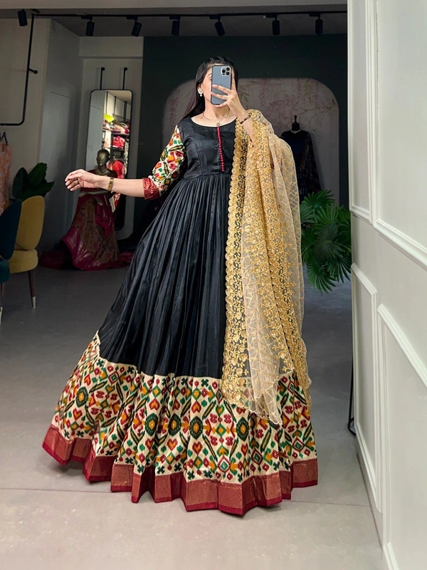 Azorte Fashion Dola Silk Printed Gown with Embroidered Net Dupatta | Ready to Wear - 38" (M) (Supports up to 40" with extra margin)