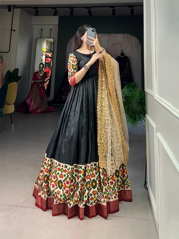 Azorte Fashion Dola Silk Printed Gown with Embroidered Net Dupatta | Ready to Wear - 38" (M) (Supports up to 40" with extra margin)