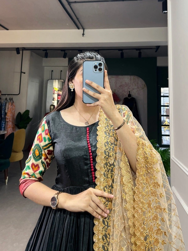 Azorte Fashion Dola Silk Printed Gown with Embroidered Net Dupatta | Ready to Wear - 38" (M) (Supports up to 40" with extra margin)