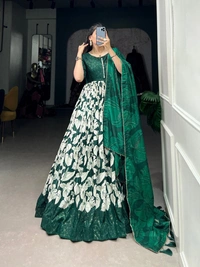 Azorte Fashion Tussar Silk Floral Print Gown with Dupatta | Ready to Wear Elegance - Evening Sea, Chest Size: 40" (Adjustable from 36" to 42" with extra margin)