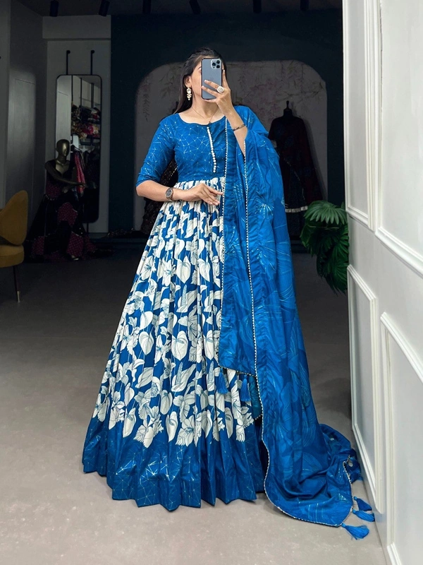 Azorte Fashion Tussar Silk Floral Print Gown with Dupatta | Ready to Wear Elegance - RBL, Chest Size: 40" (Adjustable from 36" to 42" with extra margin)