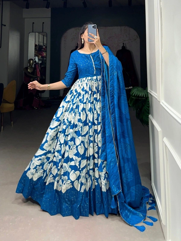 Azorte Fashion Tussar Silk Floral Print Gown with Dupatta | Ready to Wear Elegance - RBL, Chest Size: 40" (Adjustable from 36" to 42" with extra margin)
