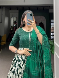 Azorte Fashion Tussar Silk Floral Print Gown with Dupatta | Ready to Wear Elegance - Evening Sea, Chest Size: 40" (Adjustable from 36" to 42" with extra margin)