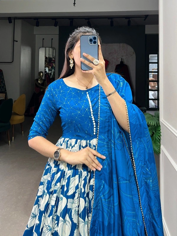 Azorte Fashion Tussar Silk Floral Print Gown with Dupatta | Ready to Wear Elegance - RBL, Chest Size: 40" (Adjustable from 36" to 42" with extra margin)