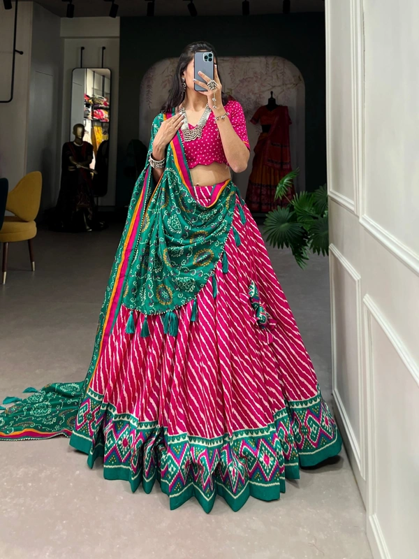 Azorte Fashion Aadvika Tussar Silk Lehenga | Leheriya, Patola & Bandhani Print | Wedding & Festive Wear - Razzmatazz, Stitched, Unstitched Blouse