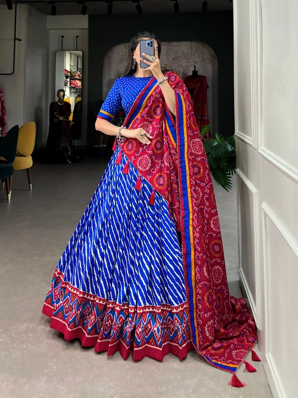 Azorte Fashion Aadvika Tussar Silk Lehenga | Leheriya, Patola & Bandhani Print | Wedding & Festive Wear - Persian Blue, Stitched, Unstitched Blouse