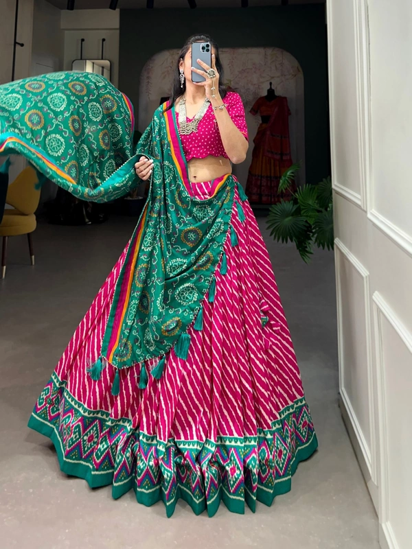 Azorte Fashion Aadvika Tussar Silk Lehenga | Leheriya, Patola & Bandhani Print | Wedding & Festive Wear - Razzmatazz, Stitched, Unstitched Blouse
