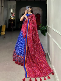 Azorte Fashion Aadvika Tussar Silk Lehenga | Leheriya, Patola & Bandhani Print | Wedding & Festive Wear - Persian Blue, Stitched, Unstitched Blouse