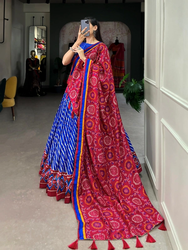 Azorte Fashion Aadvika Tussar Silk Lehenga | Leheriya, Patola & Bandhani Print | Wedding & Festive Wear - Persian Blue, Stitched, Unstitched Blouse