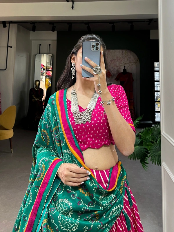 Azorte Fashion Aadvika Tussar Silk Lehenga | Leheriya, Patola & Bandhani Print | Wedding & Festive Wear - Razzmatazz, Stitched, Unstitched Blouse
