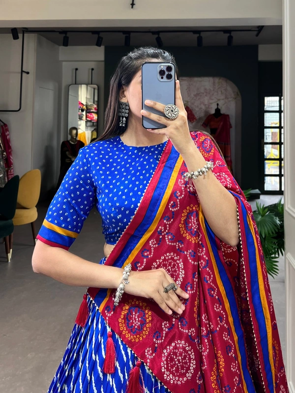 Azorte Fashion Aadvika Tussar Silk Lehenga | Leheriya, Patola & Bandhani Print | Wedding & Festive Wear - Persian Blue, Stitched, Unstitched Blouse