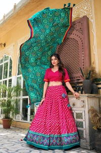 Azorte Fashion Aadvika Tussar Silk Lehenga | Leheriya, Patola & Bandhani Print | Wedding & Festive Wear - Razzmatazz, Stitched, Unstitched Blouse