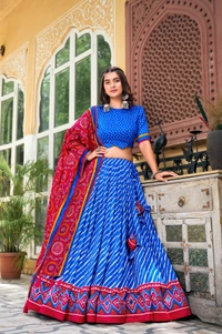 Azorte Fashion Aadvika Tussar Silk Lehenga | Leheriya, Patola & Bandhani Print | Wedding & Festive Wear - Persian Blue, Stitched, Unstitched Blouse