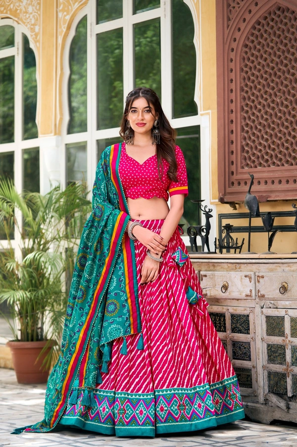 Azorte Fashion Aadvika Tussar Silk Lehenga | Leheriya, Patola & Bandhani Print | Wedding & Festive Wear - Razzmatazz, Stitched, Unstitched Blouse
