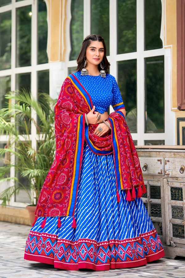 Azorte Fashion Aadvika Tussar Silk Lehenga | Leheriya, Patola & Bandhani Print | Wedding & Festive Wear - Persian Blue, Stitched, Unstitched Blouse