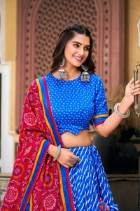 Azorte Fashion Aadvika Tussar Silk Lehenga | Leheriya, Patola & Bandhani Print | Wedding & Festive Wear - Persian Blue, Stitched, Unstitched Blouse