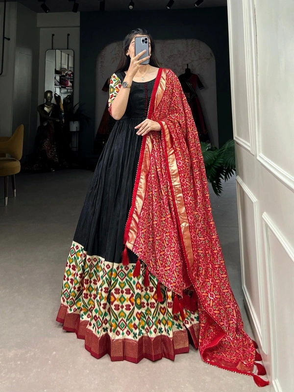 Azorte Fashion Dola Silk Printed Gown with Patola Print Dupatta | Ready to Wear Elegance - RED Dupatta`, Chest Size: 38” (M) (Expandable up to 40” with extra margin)