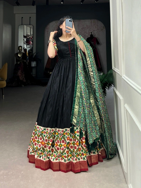 Azorte Fashion Dola Silk Printed Gown with Patola Print Dupatta | Ready to Wear Elegance - Green Dupatta, Chest Size: 38” (M) (Expandable up to 40” with extra margin)