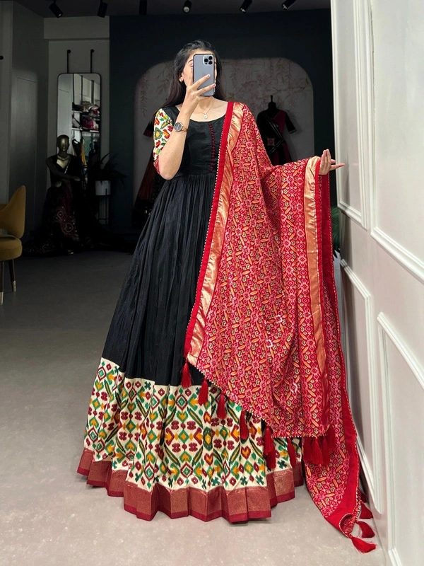 Azorte Fashion Dola Silk Printed Gown with Patola Print Dupatta | Ready to Wear Elegance - RED Dupatta`, Chest Size: 38” (M) (Expandable up to 40” with extra margin)