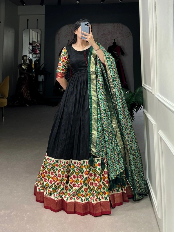 Azorte Fashion Dola Silk Printed Gown with Patola Print Dupatta | Ready to Wear Elegance - Green Dupatta, Chest Size: 38” (M) (Expandable up to 40” with extra margin)