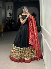 Azorte Fashion Dola Silk Printed Gown with Patola Print Dupatta | Ready to Wear Elegance - RED Dupatta`, Chest Size: 38” (M) (Expandable up to 40” with extra margin)