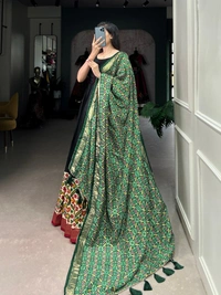 Azorte Fashion Dola Silk Printed Gown with Patola Print Dupatta | Ready to Wear Elegance - Green Dupatta, Chest Size: 38” (M) (Expandable up to 40” with extra margin)