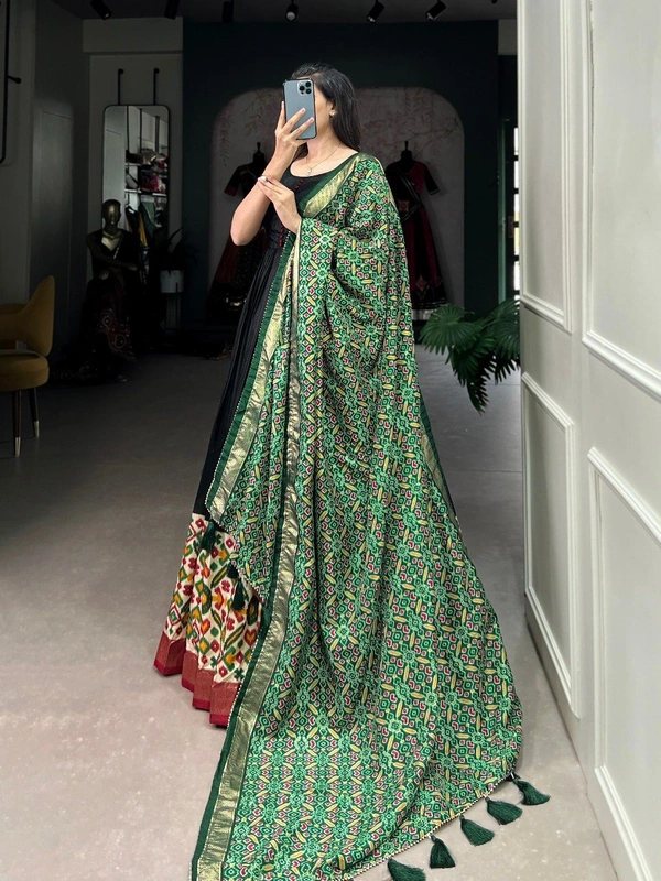 Azorte Fashion Dola Silk Printed Gown with Patola Print Dupatta | Ready to Wear Elegance - Green Dupatta, Chest Size: 38” (M) (Expandable up to 40” with extra margin)