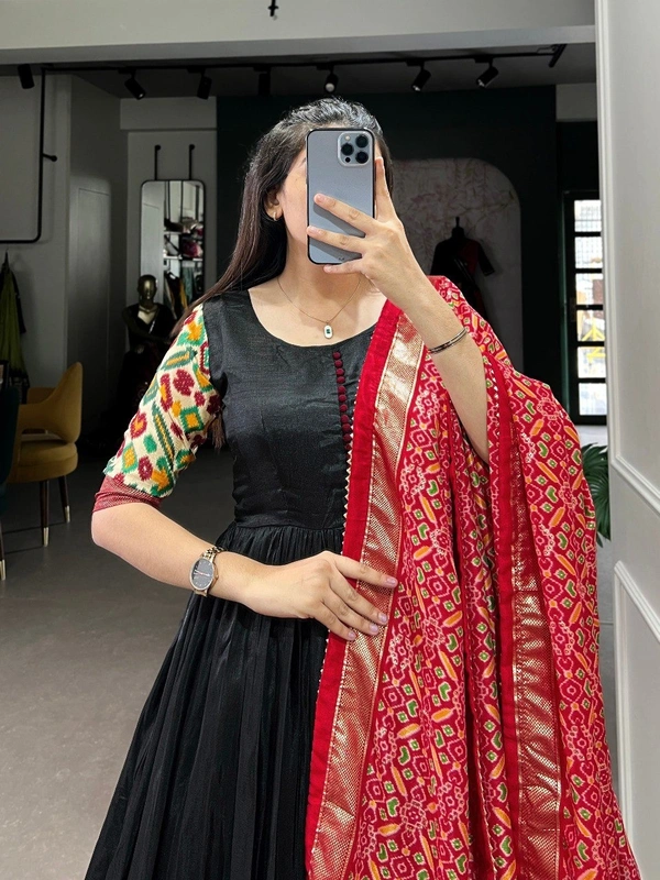 Azorte Fashion Dola Silk Printed Gown with Patola Print Dupatta | Ready to Wear Elegance - RED Dupatta`, Chest Size: 38” (M) (Expandable up to 40” with extra margin)