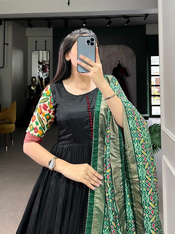 Azorte Fashion Dola Silk Printed Gown with Patola Print Dupatta | Ready to Wear Elegance - Green Dupatta, Chest Size: 38” (M) (Expandable up to 40” with extra margin)