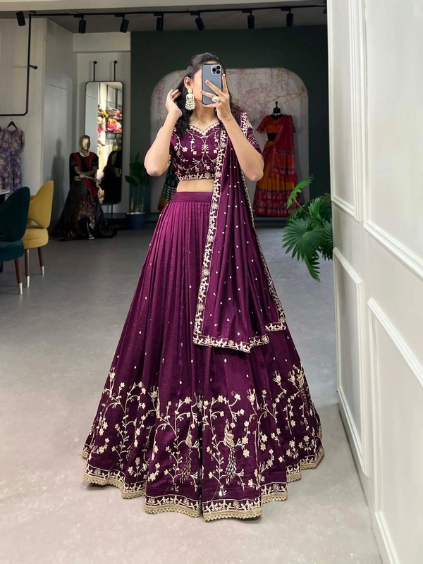 Azorte Fashion Wine Vichitra Silk Lehenga Choli | Sequin & Thread Embroidery | Wedding & Party Wear - Stitched, Unstitched Blouse
