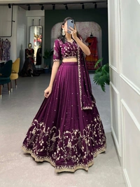Azorte Fashion Wine Vichitra Silk Lehenga Choli | Sequin & Thread Embroidery | Wedding & Party Wear - Stitched, Unstitched Blouse