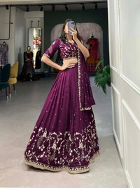 Azorte Fashion Wine Vichitra Silk Lehenga Choli | Sequin & Thread Embroidery | Wedding & Party Wear - Stitched, Unstitched Blouse