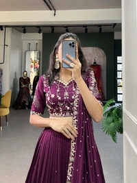 Azorte Fashion Wine Vichitra Silk Lehenga Choli | Sequin & Thread Embroidery | Wedding & Party Wear - Stitched, Unstitched Blouse