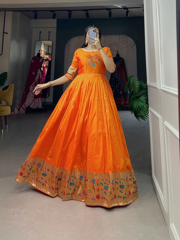 Azorte Fashion Jacquard Silk Paithani Gown | Timeless Elegance & Traditional Charm - ONG, Chest Size: 40" (Expandable up to 42” with extra margin)