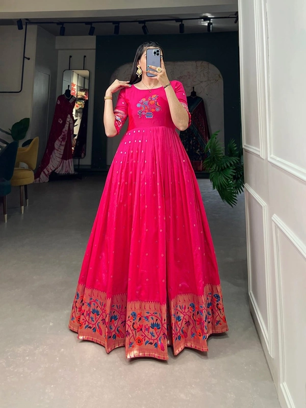 Azorte Fashion Jacquard Silk Paithani Gown | Timeless Elegance & Traditional Charm - PINK, Chest Size: 40" (Expandable up to 42” with extra margin)