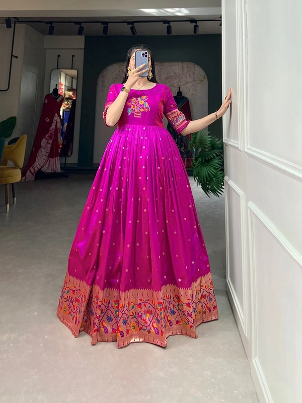 Azorte Fashion Jacquard Silk Paithani Gown | Timeless Elegance & Traditional Charm - PRL, Chest Size: 40" (Expandable up to 42” with extra margin)