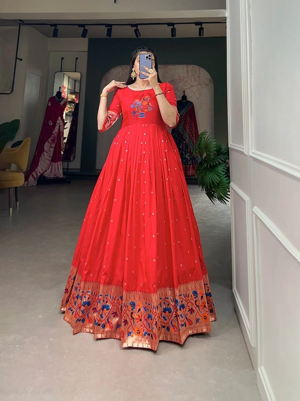 Azorte Fashion Jacquard Silk Paithani Gown | Timeless Elegance & Traditional Charm - RED, Chest Size: 40" (Expandable up to 42” with extra margin)