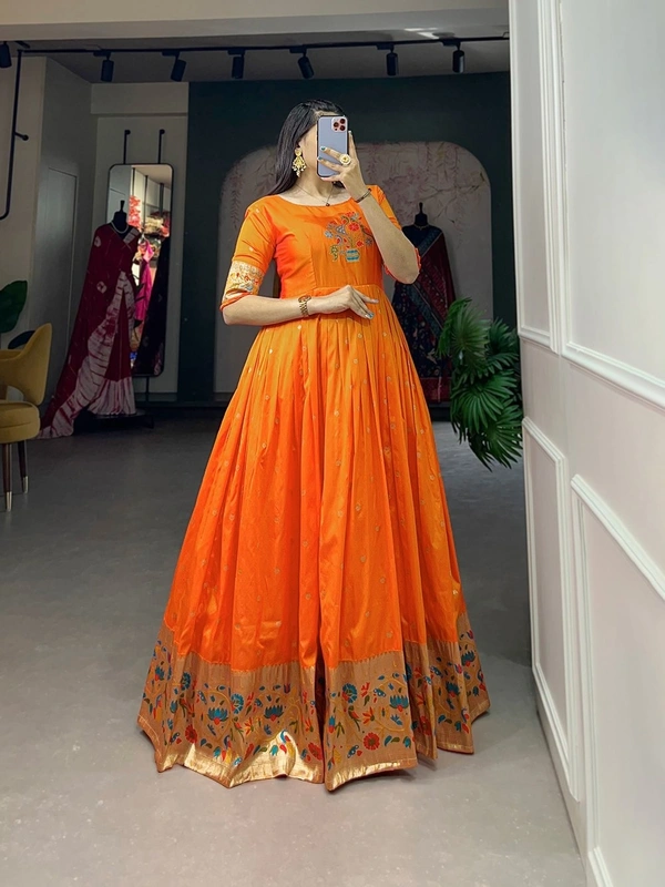 Azorte Fashion Jacquard Silk Paithani Gown | Timeless Elegance & Traditional Charm - ONG, Chest Size: 40" (Expandable up to 42” with extra margin)