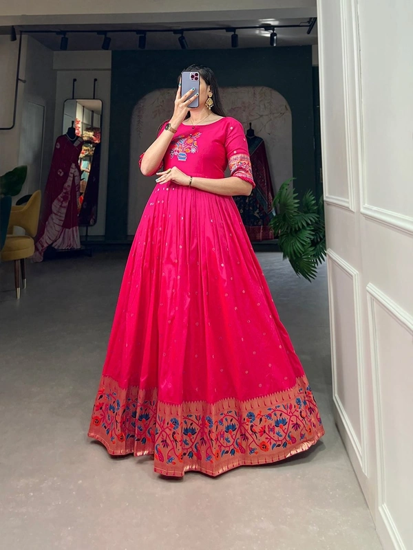 Azorte Fashion Jacquard Silk Paithani Gown | Timeless Elegance & Traditional Charm - PINK, Chest Size: 40" (Expandable up to 42” with extra margin)