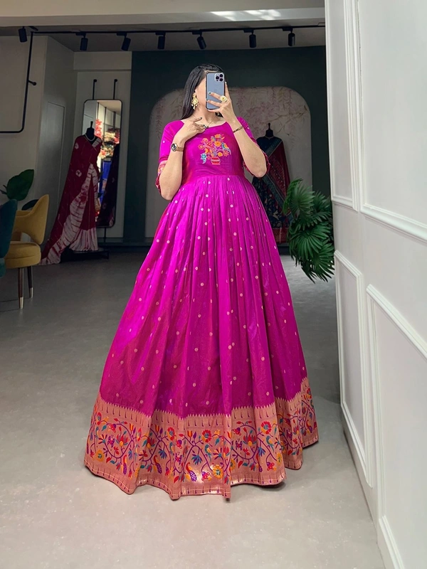 Azorte Fashion Jacquard Silk Paithani Gown | Timeless Elegance & Traditional Charm - PRL, Chest Size: 40" (Expandable up to 42” with extra margin)