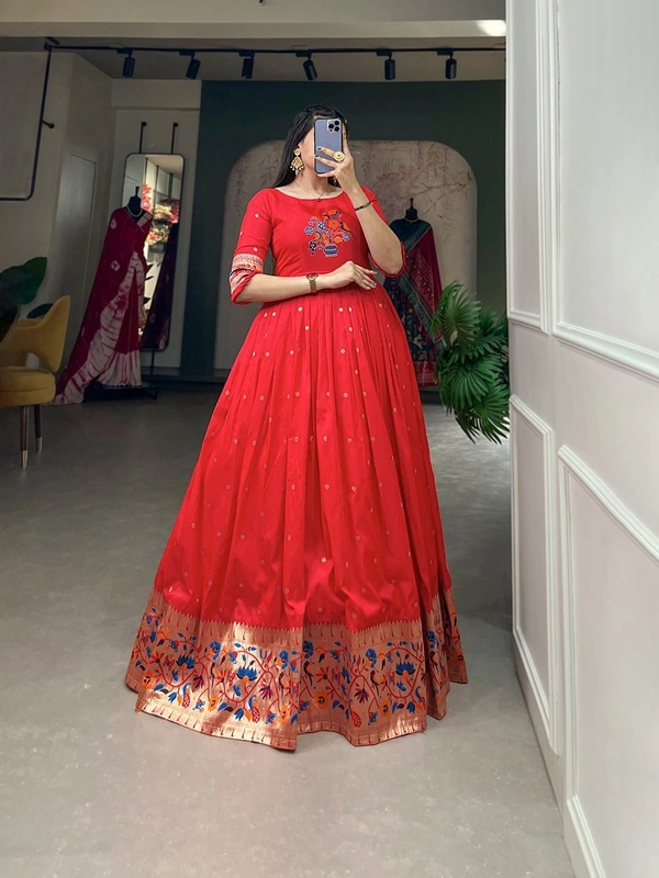 Azorte Fashion Jacquard Silk Paithani Gown | Timeless Elegance & Traditional Charm - RED, Chest Size: 40" (Expandable up to 42” with extra margin)
