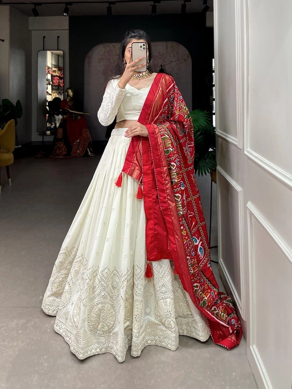 Azorte Fashion Lucknowi Mirror Work Georgette Lehenga | Dola Silk Dupatta | Wedding & Party Wear - Red, Stitched, Unstitched Blouse